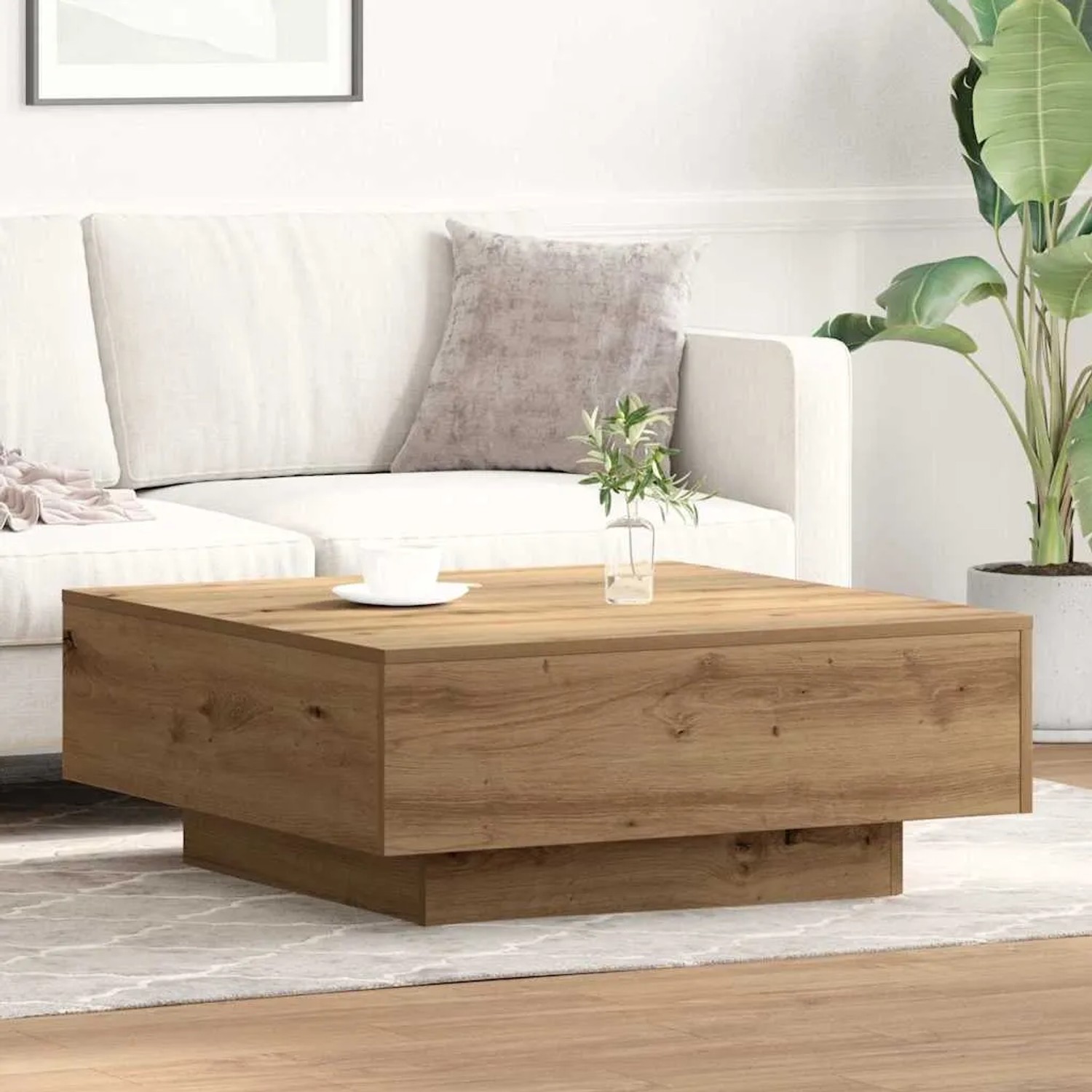 Quadratischer Couchtisch Artisan-Eiche aus Holzwerkstoff, 80x80 cm, im modernen Wohnzimmer.