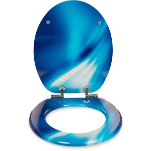 Sanfino WC-Sitz Wave mit Absenkautomatik, blaues Holzdesign für Standard WCs.