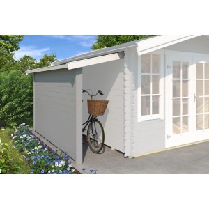 Lasita Schleppdach mit Seitenwand, lichtgrau, am Gartenhaus mit Fahrrad. Zusätzlicher Stauraum.