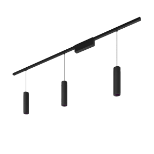 Schwarze Philips Hue Perifo LED-Pendelleuchte mit 3 Lampen am Schienensystem.