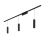 Schwarze Philips Hue Perifo LED-Pendelleuchte mit 3 Lampen am Schienensystem.
