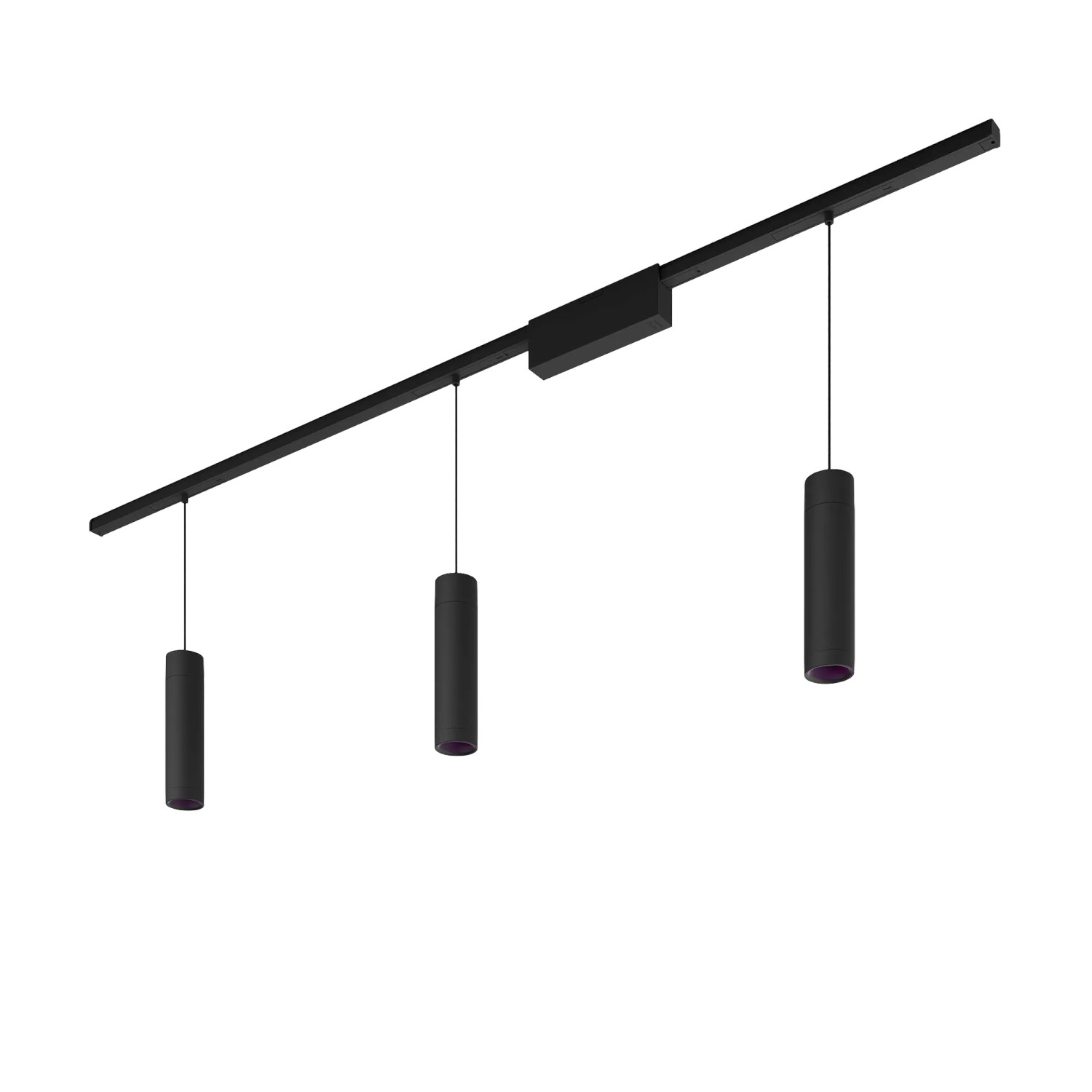 Schwarze Philips Hue Perifo LED-Pendelleuchte mit 3 Lampen am Schienensystem.