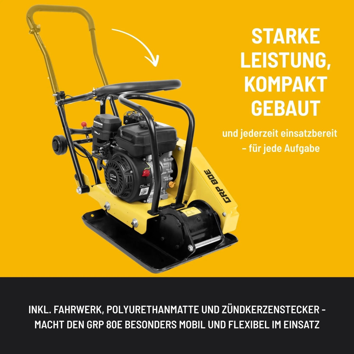 Güde Rüttelplatte GRP 80E: Baumaschine zum Verdichten von Flächen, mit Fahrwerk und Polyurethanmatte.