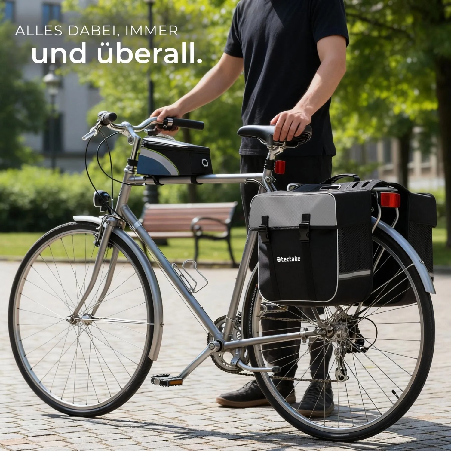Tectake Fahrradtaschen Set: Gepäckträgertasche und Rahmentasche am Fahrrad.
