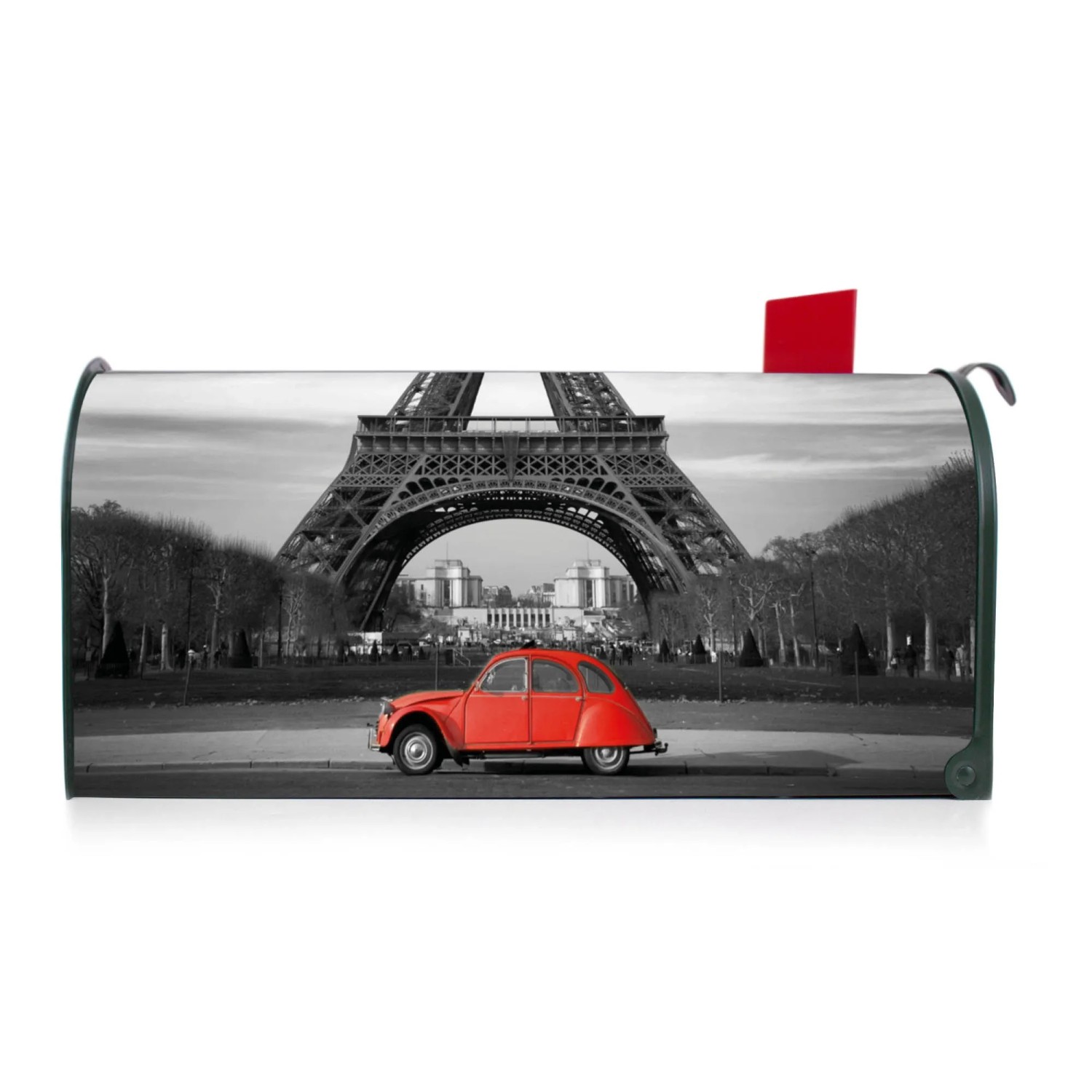 Grüner Banjado US Briefkasten mit Paris Motiv: Eiffelturm und rotes Auto.