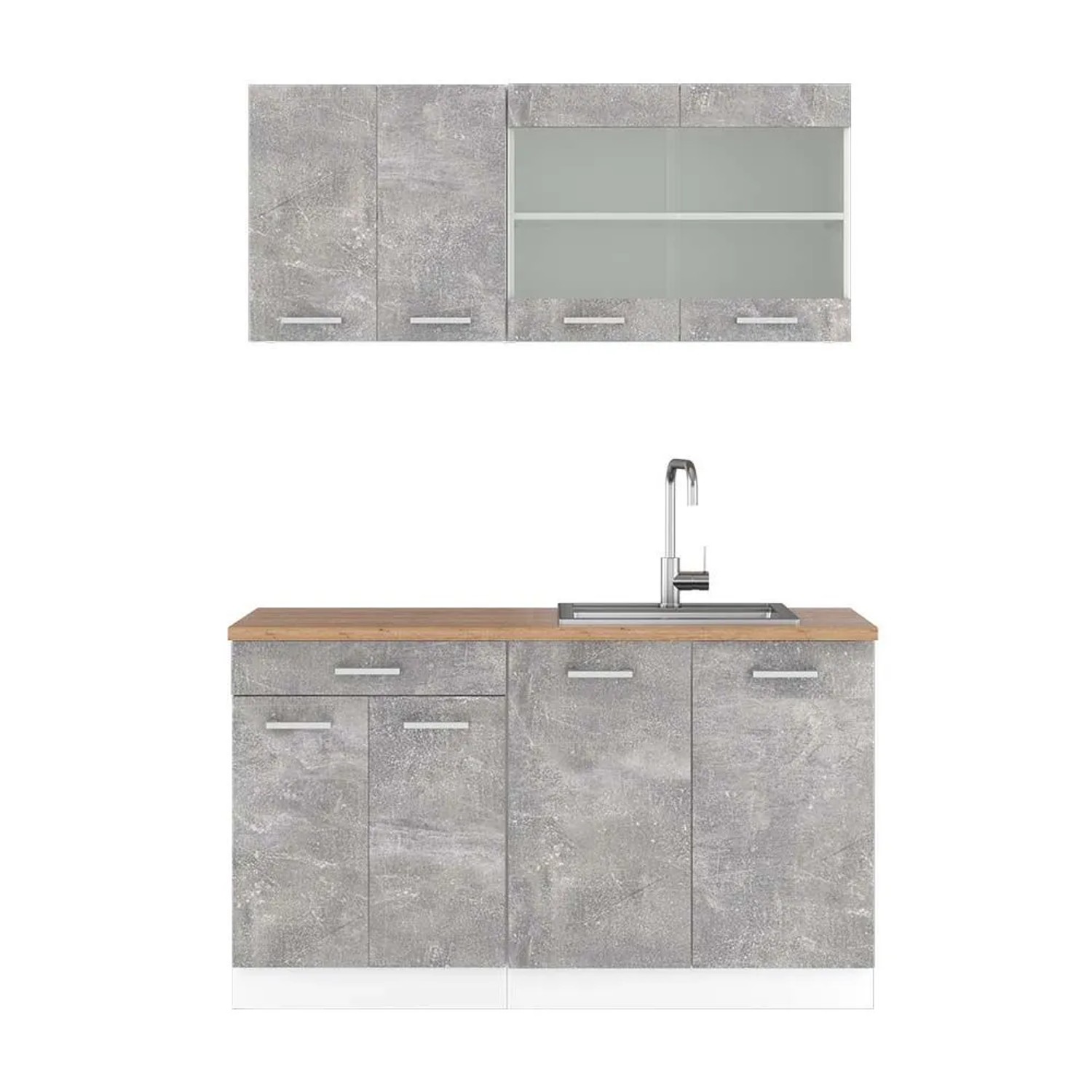 Vicco R-Line Singleküche Beton Weiß 140 cm AP Eiche ohne E-Geräte