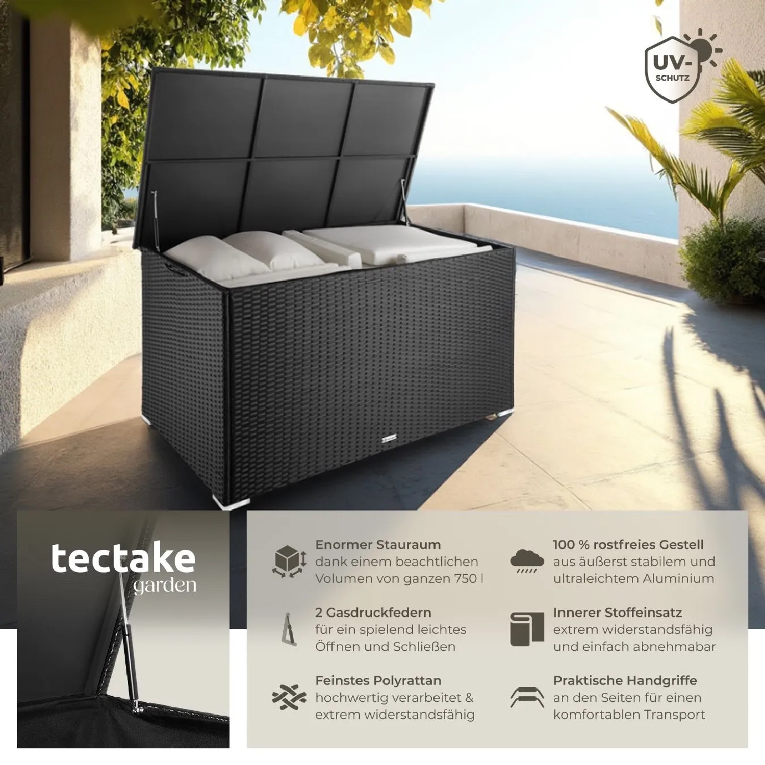 Tectake Auflagenbox Oslo, 750L, Rattangeflecht, schwarz. Gartenbox für Kissen und Gartenzubehör.