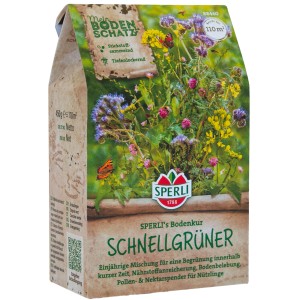 Sperli Gründünger Schnellgrüner, 0,45 kg Packung mit blühenden Pflanzen, zur Bodenverbesserung.