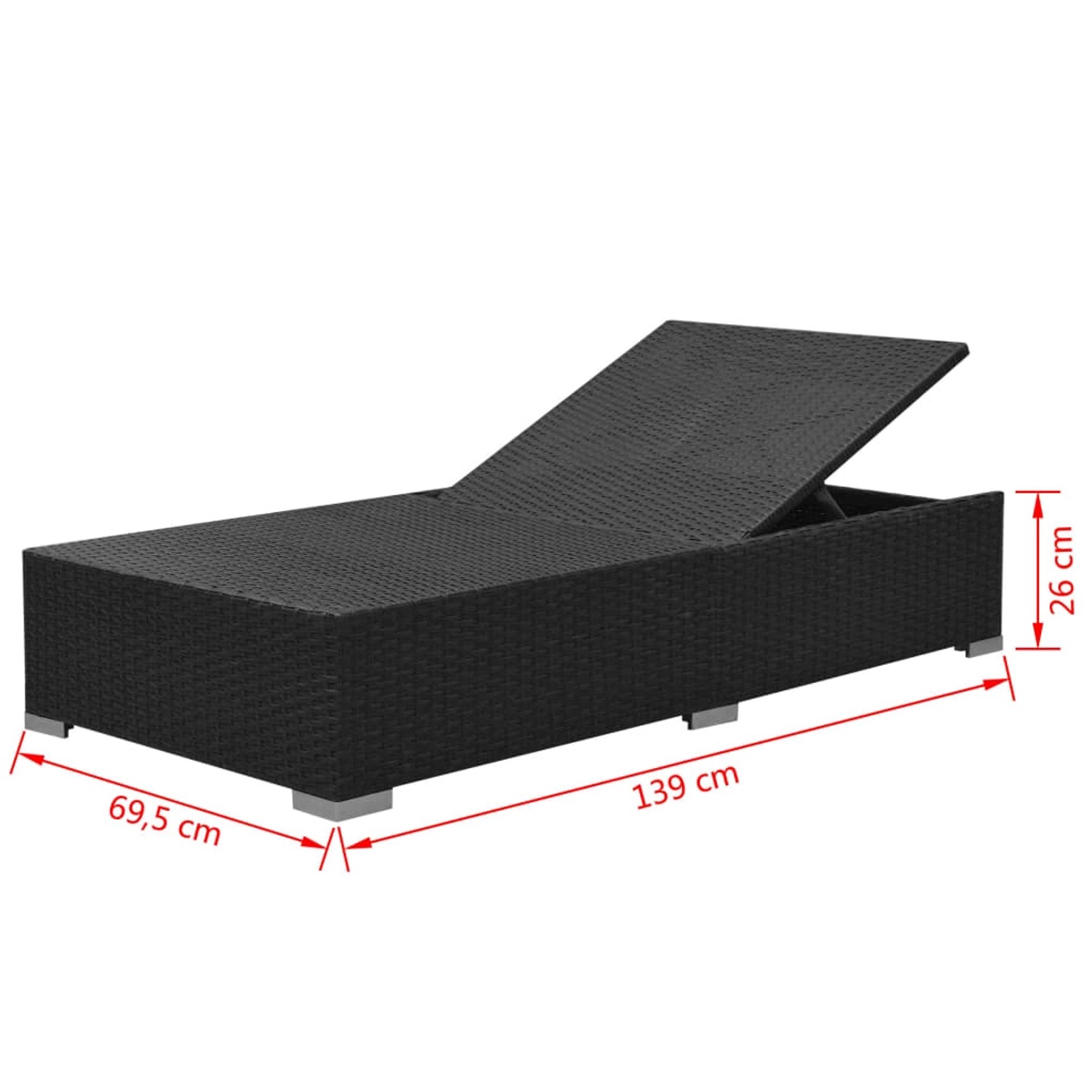 Schwarze vidaXL Gartenliege aus Rattan mit verstellbarer Rückenlehne und Maßangaben.