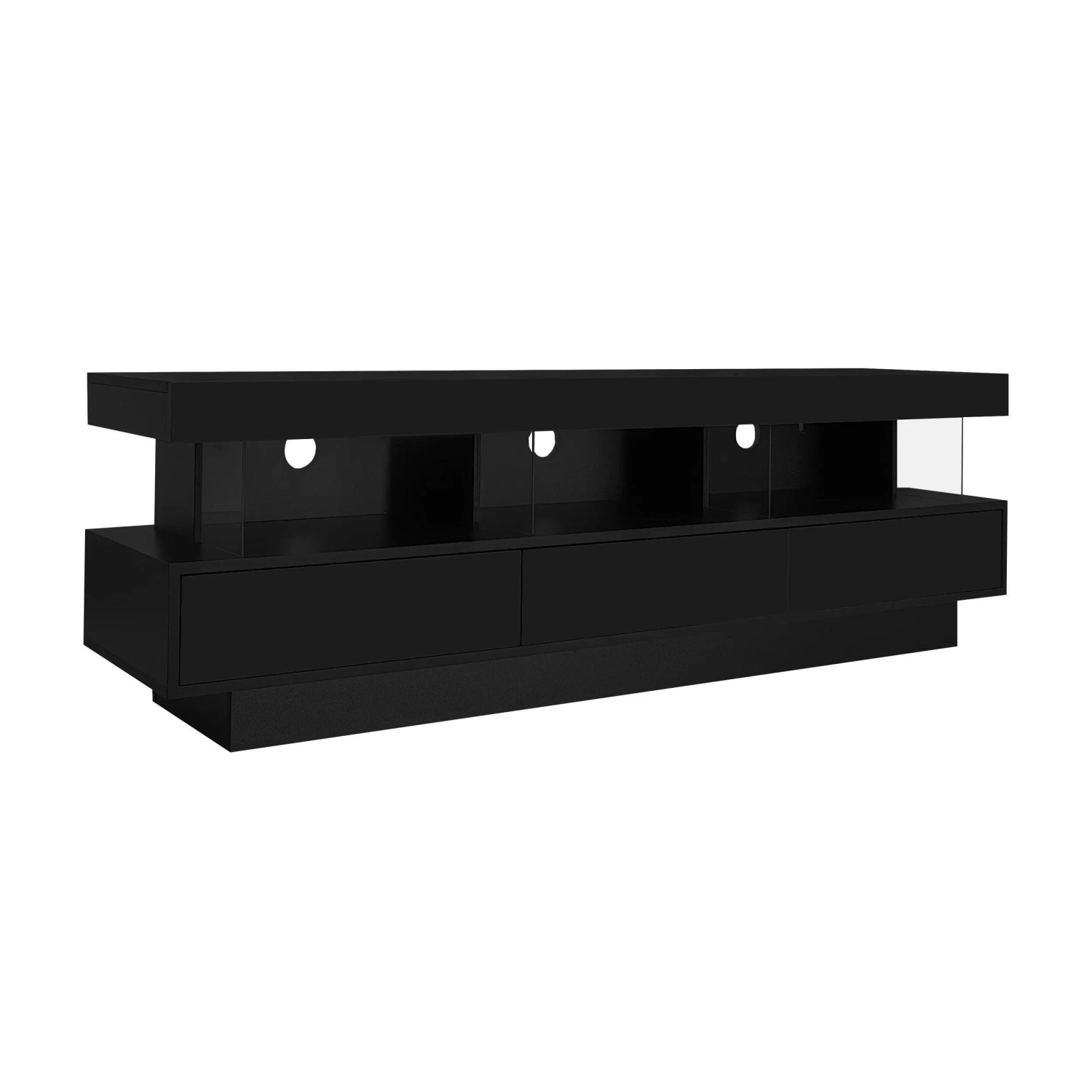 ModernLuxe TV Lowboard Hochglanz mit 3 Glasablagen Led Beleuchtung Spanplatte Schwarz