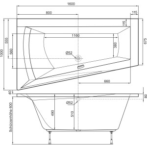 Skizze des Ottofond Whirlpool Galia I, 160x100 cm, mit Maßangaben für Badplanung.