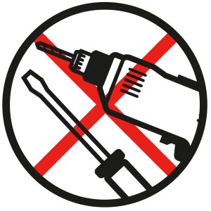 Symbol: Gardinia Spannvitrage Montage ohne Bohren/Schrauben. Roter Kreis mit Schraubendreher und Bohrmaschine durchgestrichen.