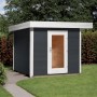 Modernes Weka Designhaus in Anthrazit mit Panorama-Einzeltür und Flachdach im Garten.