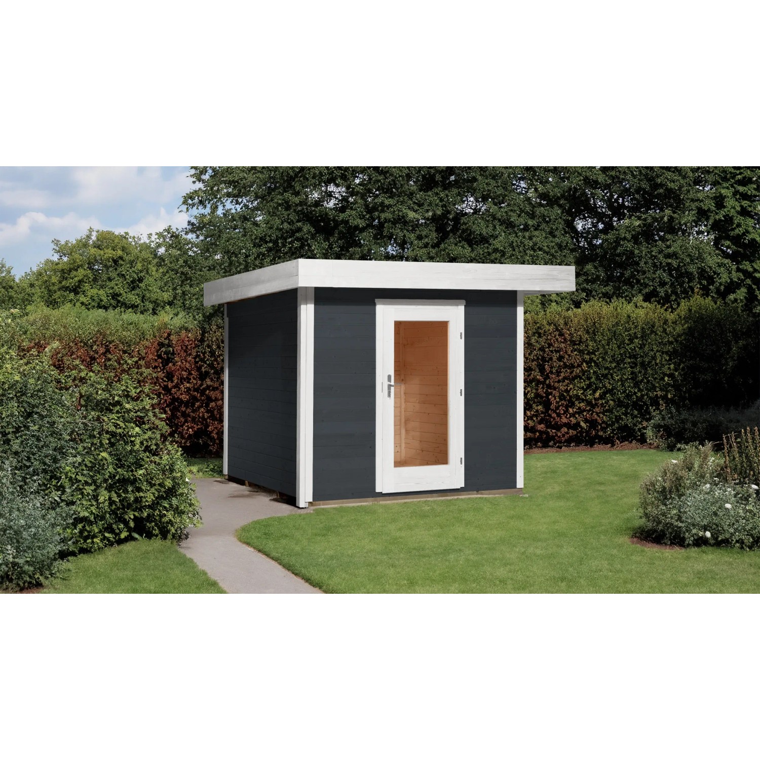 Modernes Weka Designhaus in Anthrazit mit Panorama-Einzeltür und Flachdach im Garten.