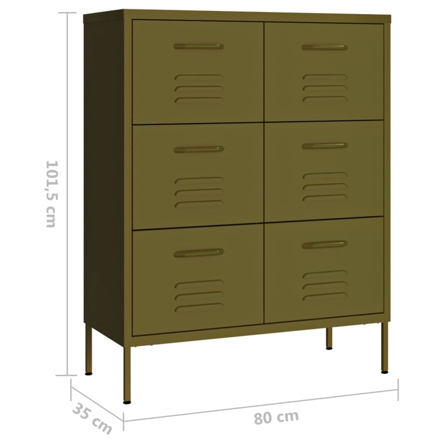Olivgrüner Büroschrank aus Stahl mit 6 Schubladen, 80x35x101,5 cm.