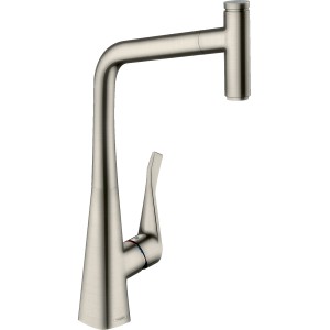 Hansgrohe Metris Select 320 Küchenmischer mit Ausziehauslauf, Edelstahl-Optik.