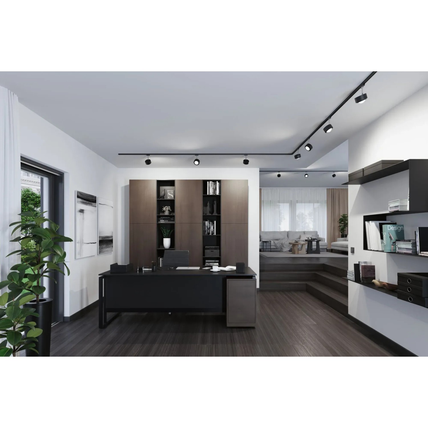 Modernes Büro mit schwarzem Urail Schienensystem und dimmbaren LED Spots von Paulmann.