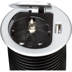 Versenkbare Tischsteckdose in Silber/Schwarz mit USB-Anschluss und geöffnetem Deckel.