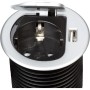Versenkbare Tischsteckdose in Silber/Schwarz mit USB-Anschluss und geöffnetem Deckel.