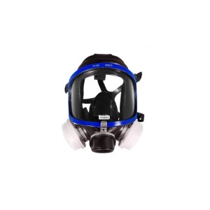 Blaue Vollgesichts-Schutzmaske mit zwei Filtern. Ideal für Sandstrahl- und Schleifarbeiten.