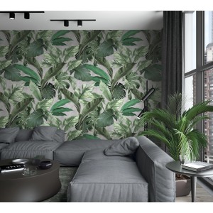 Wohnraum mit Marburg Fototapete Loft Superior 7, floral, grün-grau. FSC®-zertifiziert.