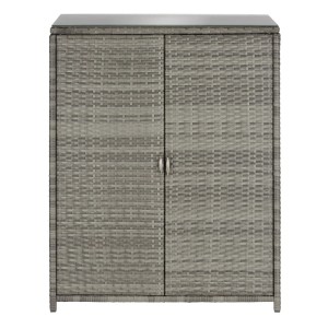 Grauer Tectake Gartenschrank Monza aus Rattan mit Glastischplatte und zwei Türen.