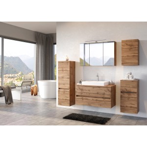 Held Möbel Waschtisch-Set Ferrara, 100 cm, Wotaneiche, mit Spiegelschrank und Aufsatzbecken.