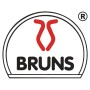 Bruns Logo: Rotes Symbol über schwarzem Schriftzug "BRUNS", eingetragenes Warenzeichen. Für Gerätehalter.