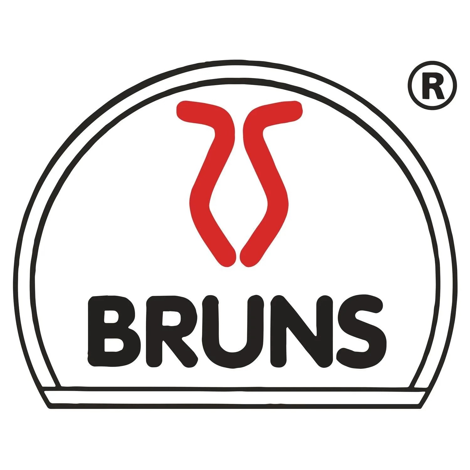 Bruns Logo: Rotes Symbol über schwarzem Schriftzug "BRUNS", eingetragenes Warenzeichen. Für Gerätehalter.