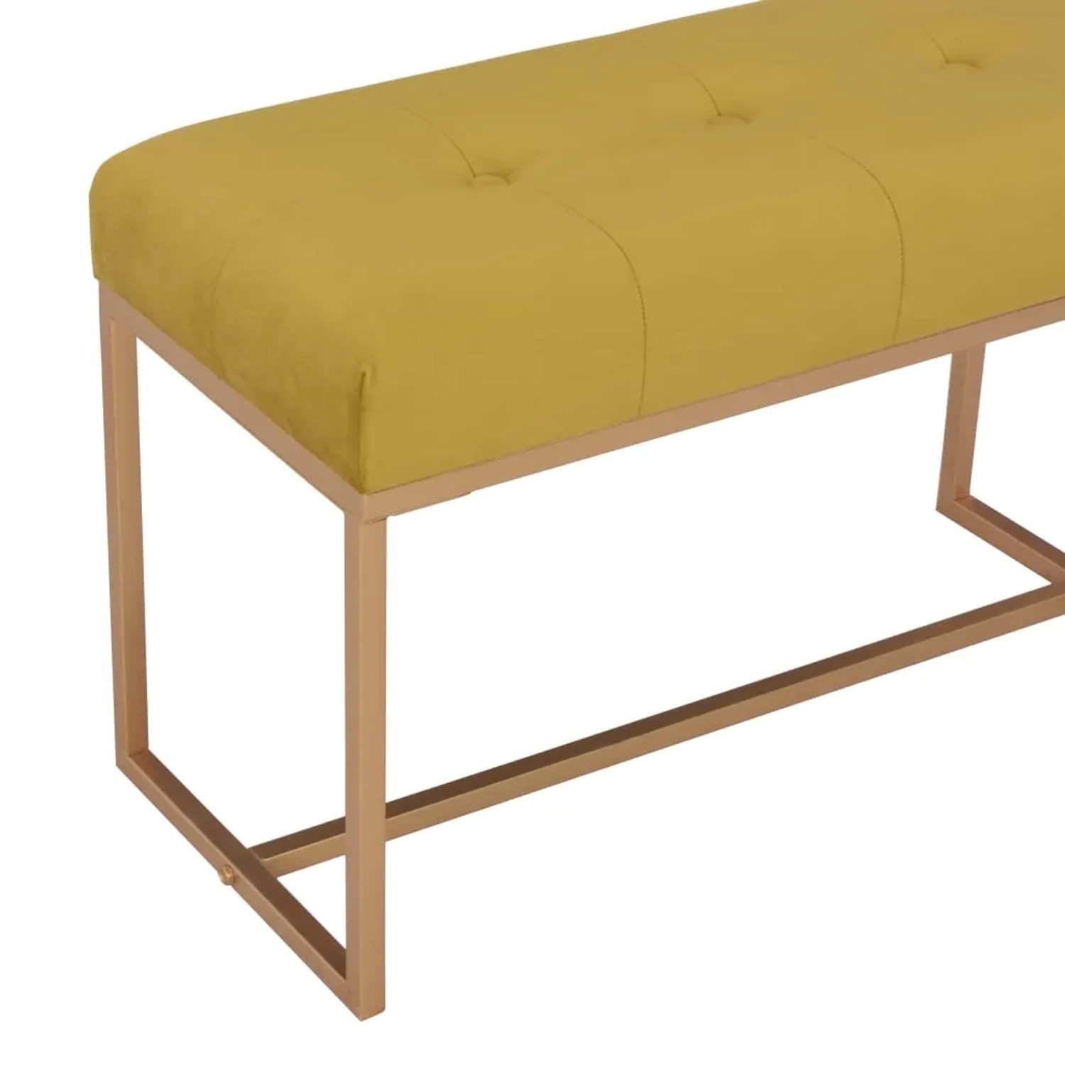 Senfgelbe Samtbank (80 cm) mit goldenem Metallgestell. Elegante Möbel für Wohnzimmer oder Flur.