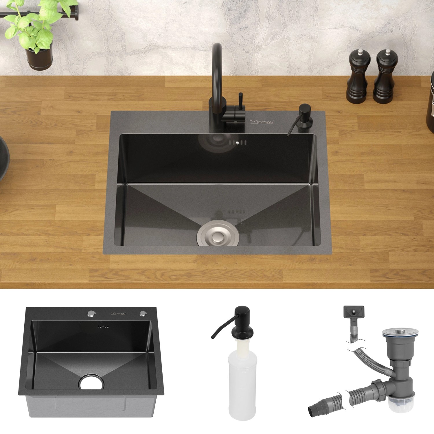 ML-Design Edelstahl Spülbecken, 55x45 cm, Anthrazit, mit Siphon und Seifenspender.