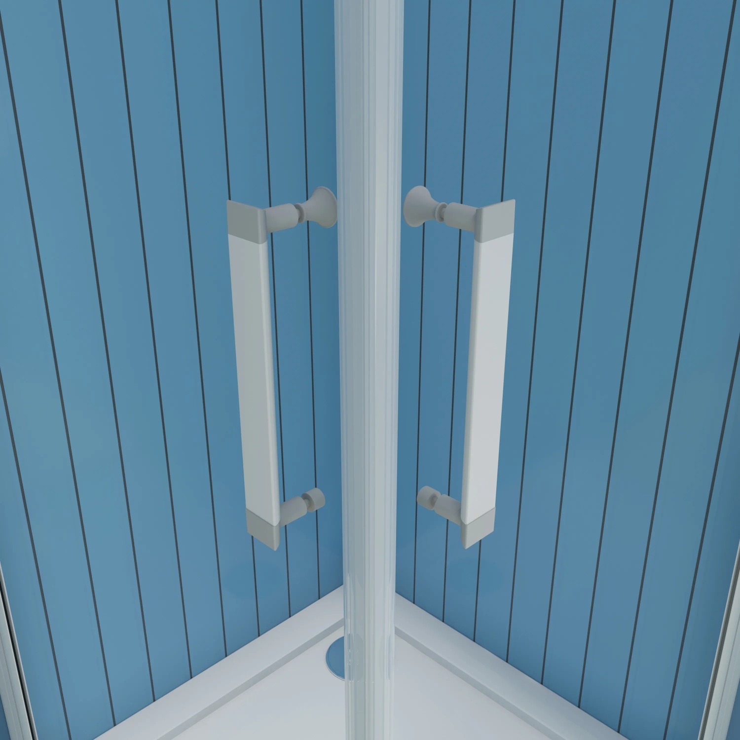 Detailaufnahme: Silbermatte Eckdusche 80x80 mit Griffen. Duschkabine mit ESG Sicherheitsglas.