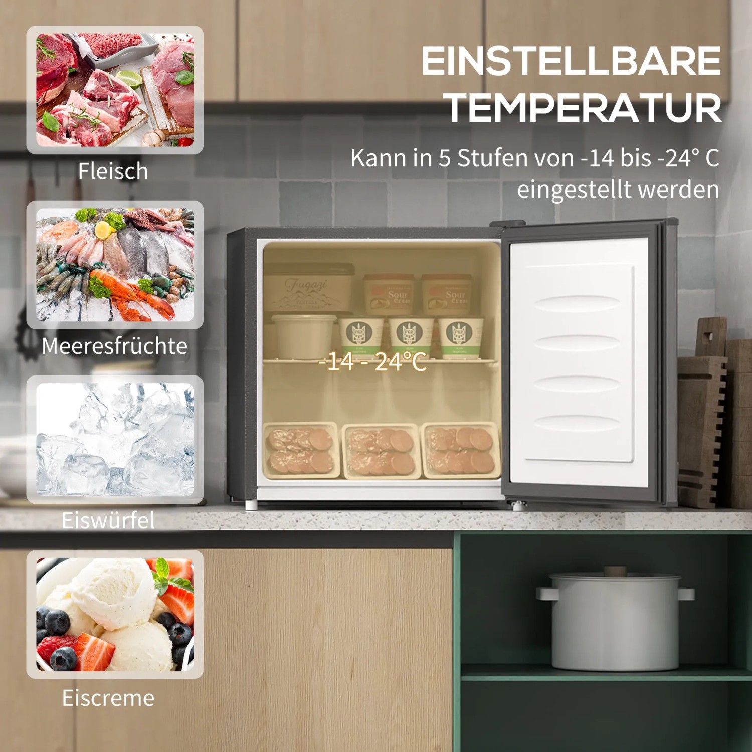 HOMCOM Mini-Gefrierschrank, 35L, grau, mit geöffneter Tür und Lebensmitteln. Kompakte Kühlbox für kleine Räume.
