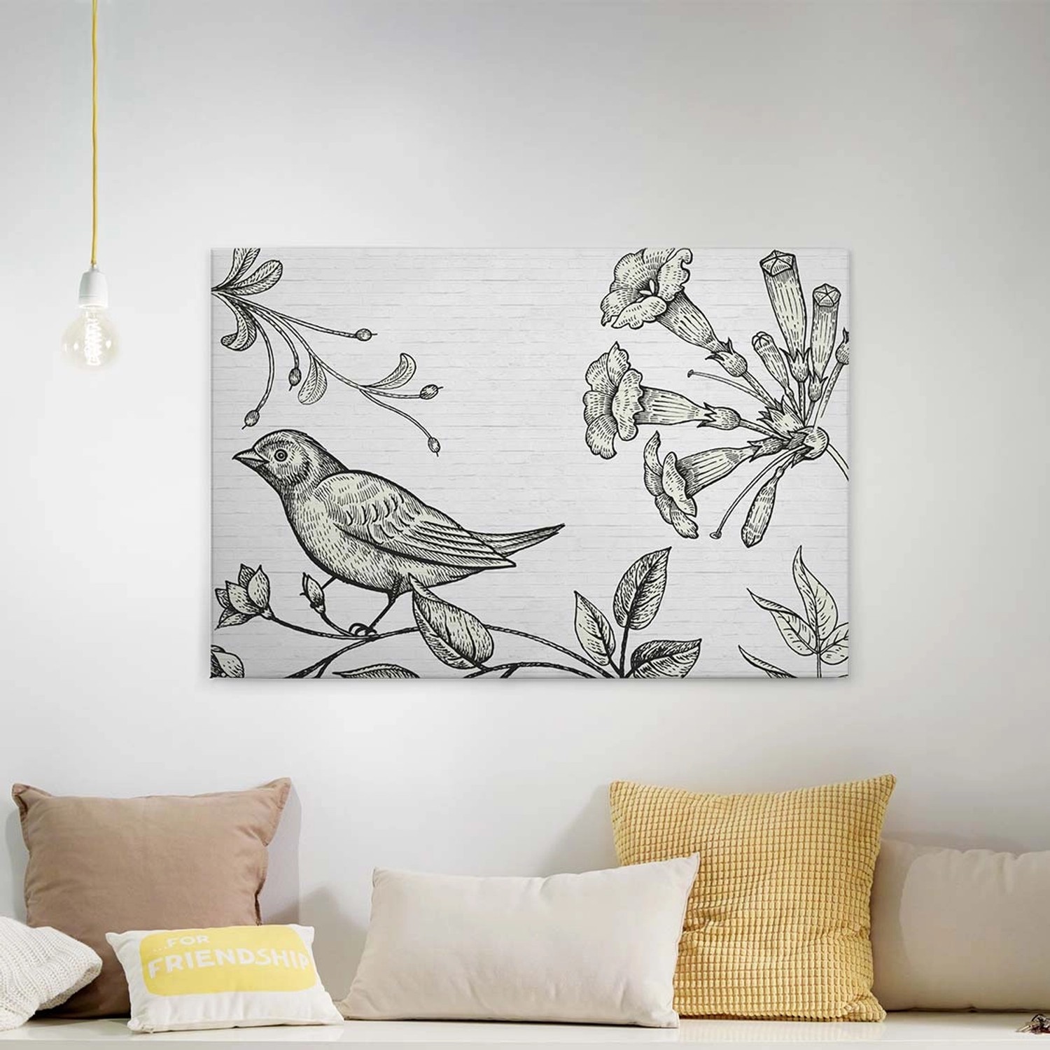 Bricoflor Leinwand Bild Mit Gezeichnetem Vogel Schwarz Weiß Botanik Industrial Style Leinwandbild In Holzschnitt Optik W