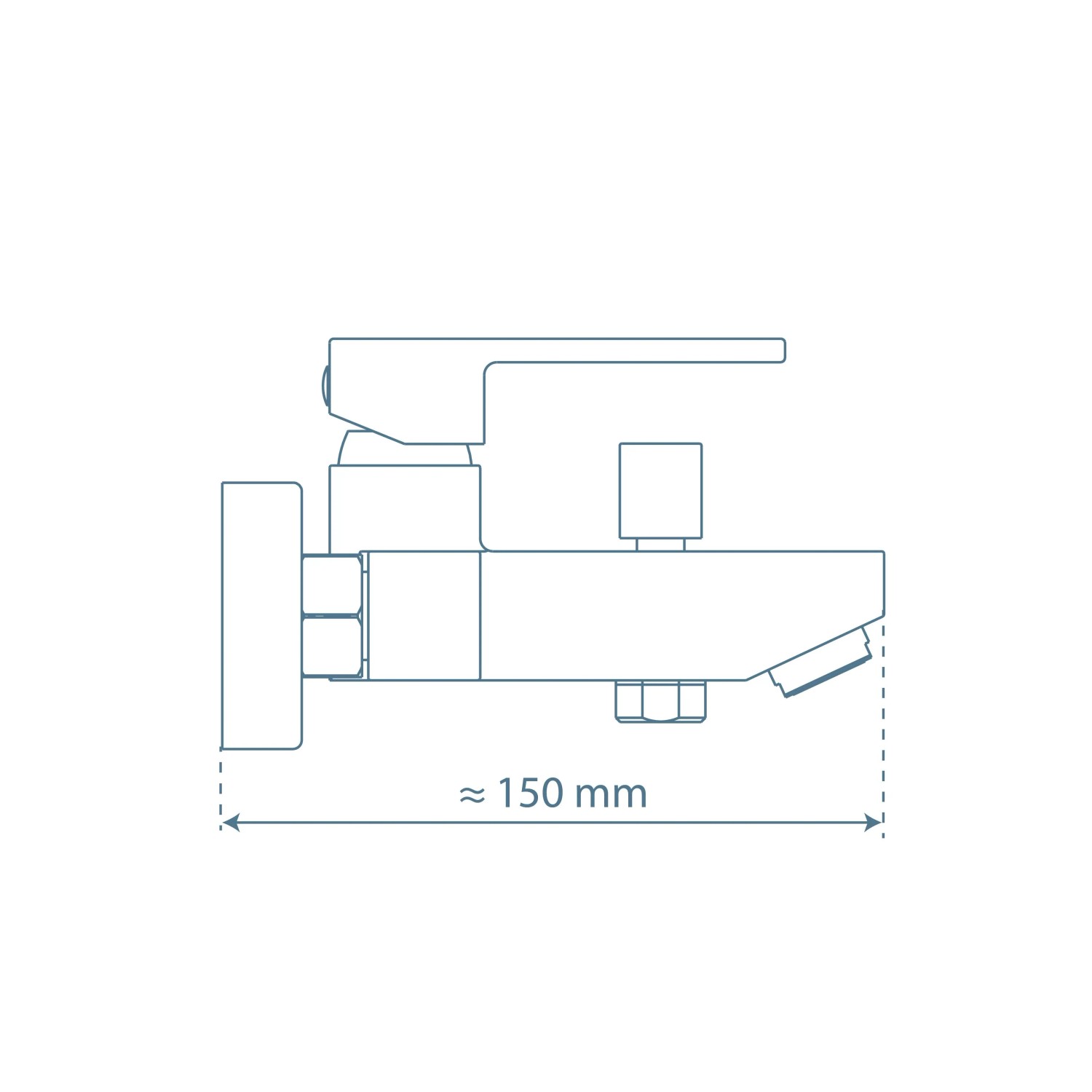Technische Zeichnung: Schütte Wannenfüllarmatur Tokyo II Chrom, Ausladung ca. 150mm.