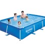 Blauer Steel Pro Frame Pool, eckig, mit Familie im Wasser. Stahlrahmenpool für Badespaß im Sommer.