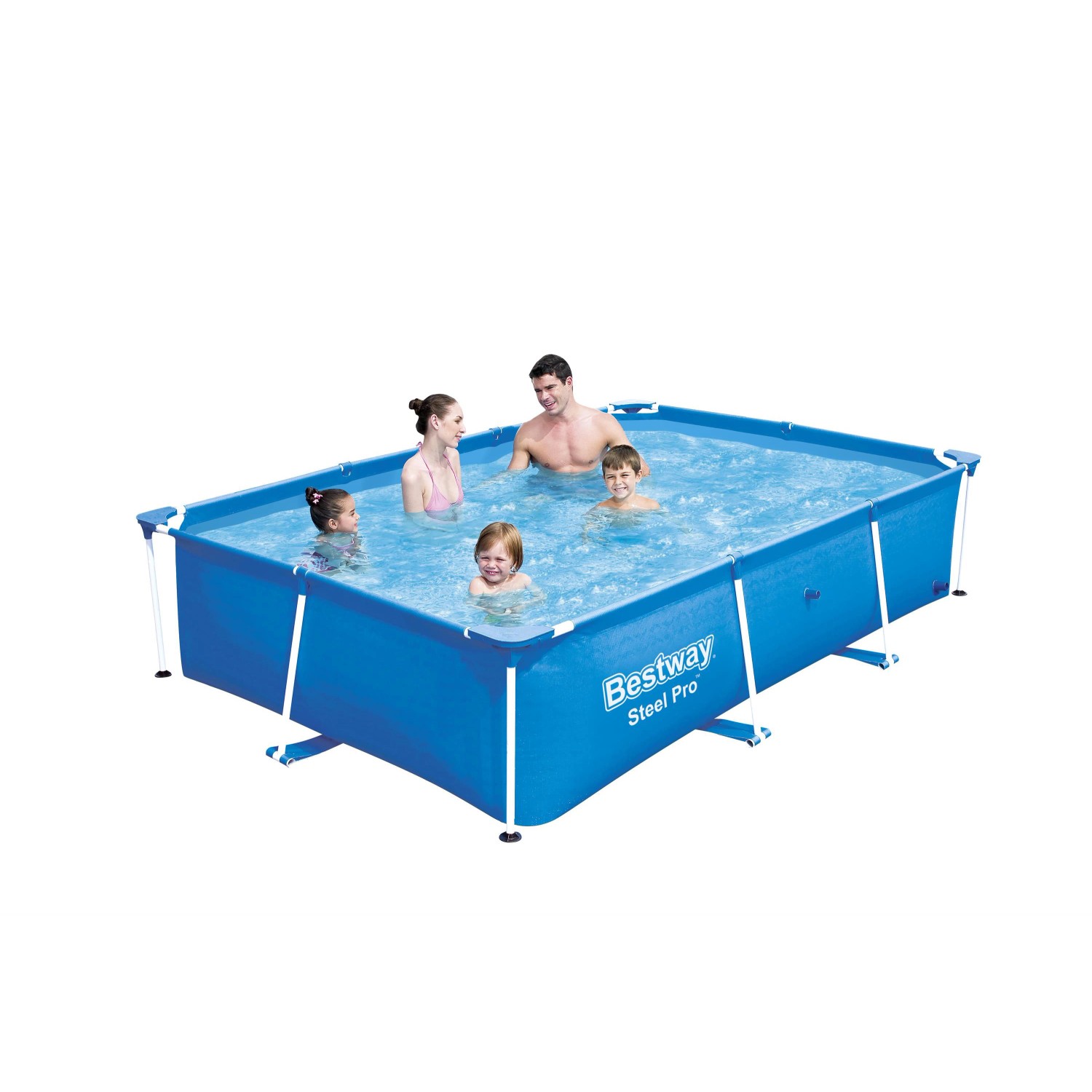 Blauer Steel Pro Frame Pool, eckig, mit Familie im Wasser. Stahlrahmenpool für Badespaß im Sommer.