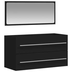 vidaXL Badschrank mit Spiegel, schwarz, Holzwerkstoff. Badmöbel-Set mit zwei Schubladen und rechteckigem Spiegel.