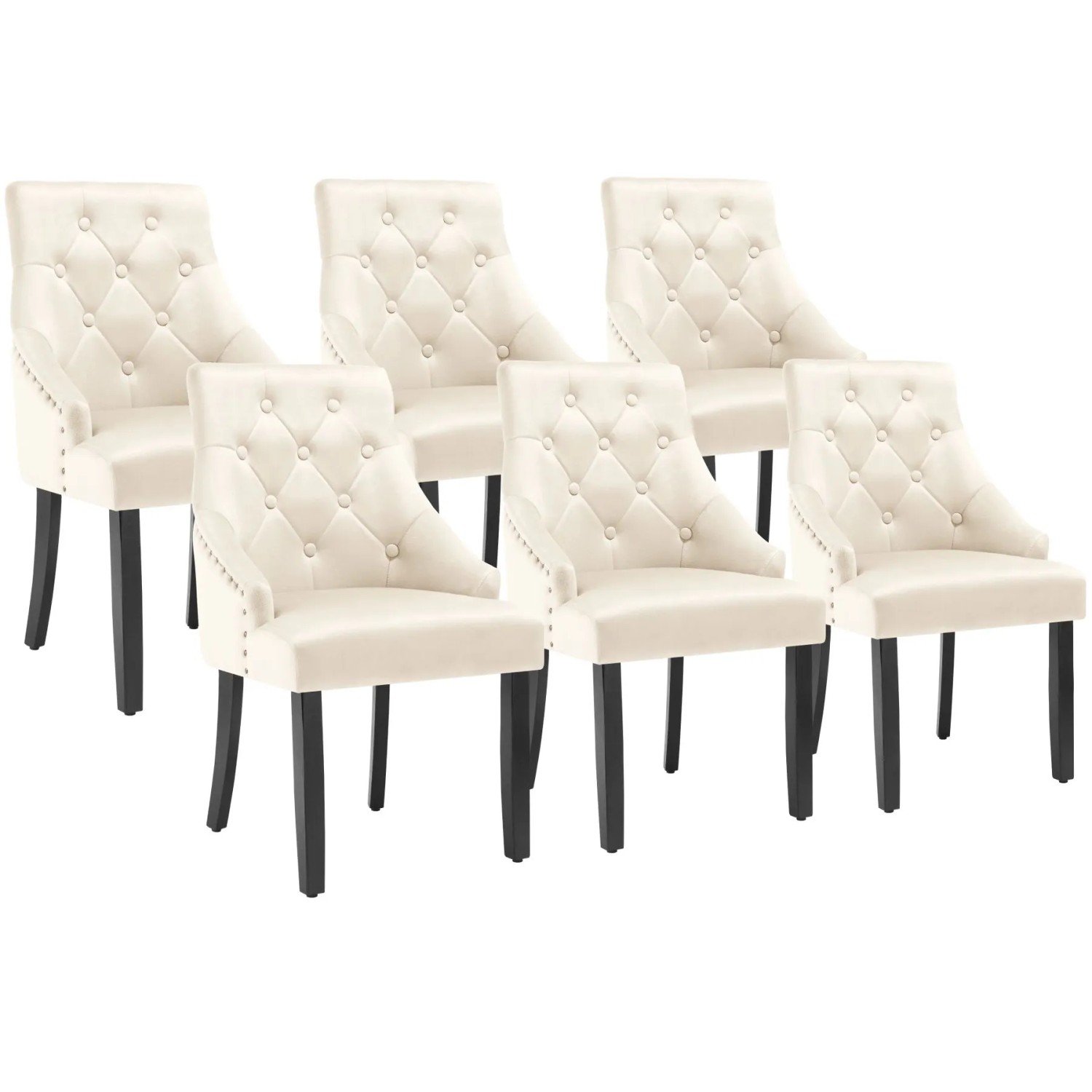 Tectake Esszimmerstuhl Everdeen Gepolstert  In Samtoptik  Mit Seitlichen Zierknöpfen Große Rückenlehne  Gesteppt 6Er Set 57 x 52 x 91 cm Creme Schwarz