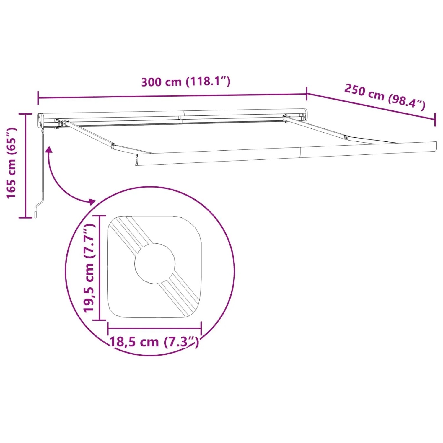 Technische Zeichnung der beigen vidaXL Einziehbaren Markise aus Stoff und Metall, 300x250 cm, mit Maßen.