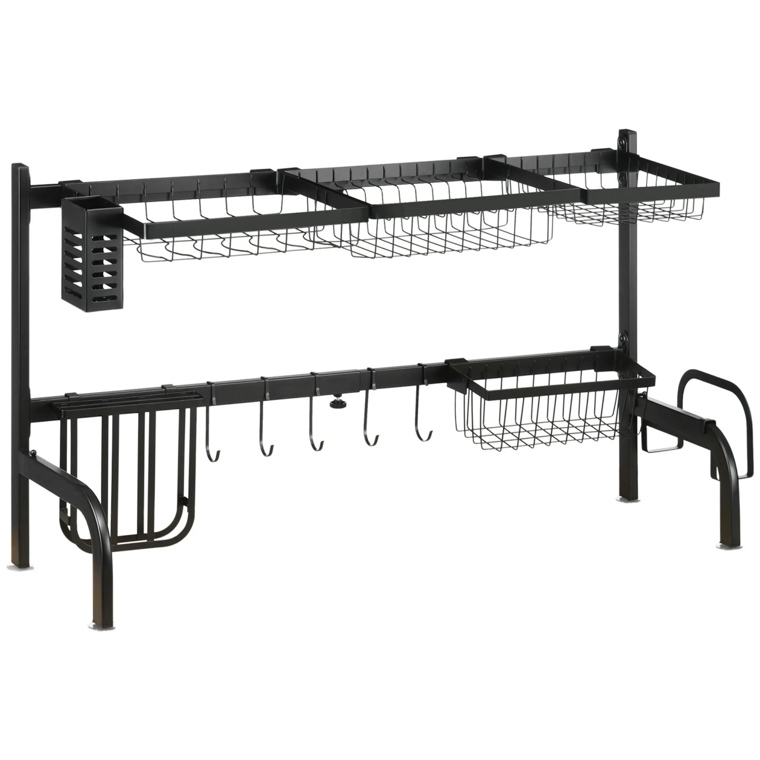 HOMCOM Abtropfgestell Geschirr  2-Stufig 51-93 cm mit Haken Stahl Schwarz