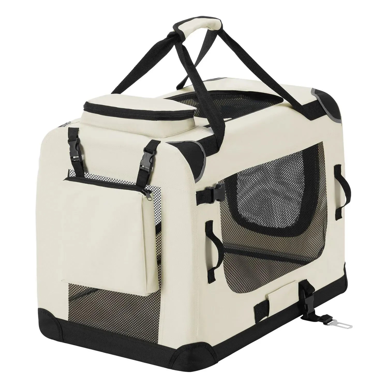 Beige Juskys Hundetransportbox Lassie M, faltbar, mit Tragegurt und Außentasche.