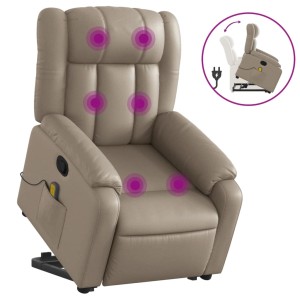 Cappuccino-brauner Massagesessel mit Aufstehhilfe aus Kunstleder, mit Vibrationsmassage und Aufstehfunktion.