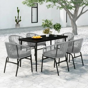 7-teilige Garten-Essgruppe Grau von vidaXL mit schwarzem Tisch und 6 grauen Stühlen mit Kissen.