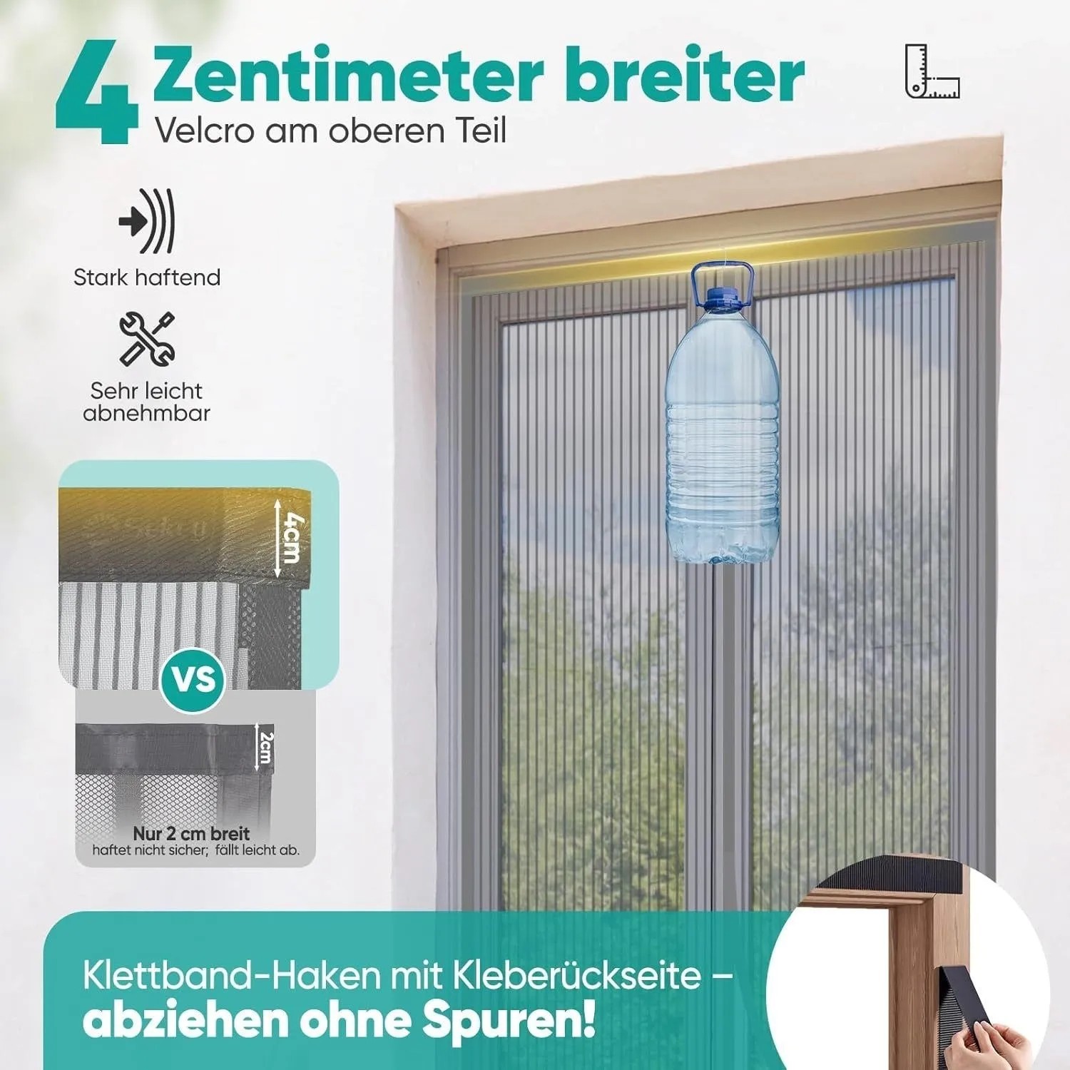 Grauer Sekey Insektenschutz-Türvorhang mit 4cm Klettverschluss, hält Wasserflasche, leicht abnehmbar, ohne Bohren.