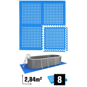 Blaues 8er Set eyepower Poolmatten aus EVA-Schaumstoff, 62x62 cm, als Bodenschutz unter einem Pool.