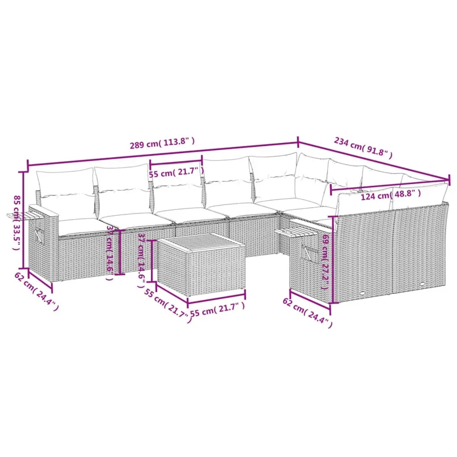 Beige 10-tlg. vidaXL Garten-Sofagarnitur aus Rattan mit Kissen und Tisch, Maße siehe Abbildung.