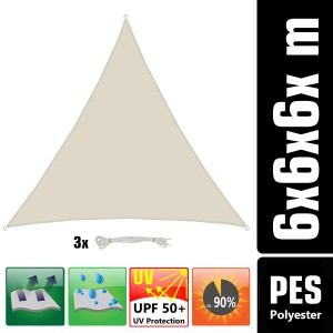 Beiges, dreieckiges AMANKA Sonnensegel (6x6x6m) aus wasserabweisendem Polyester mit UV-Schutz.