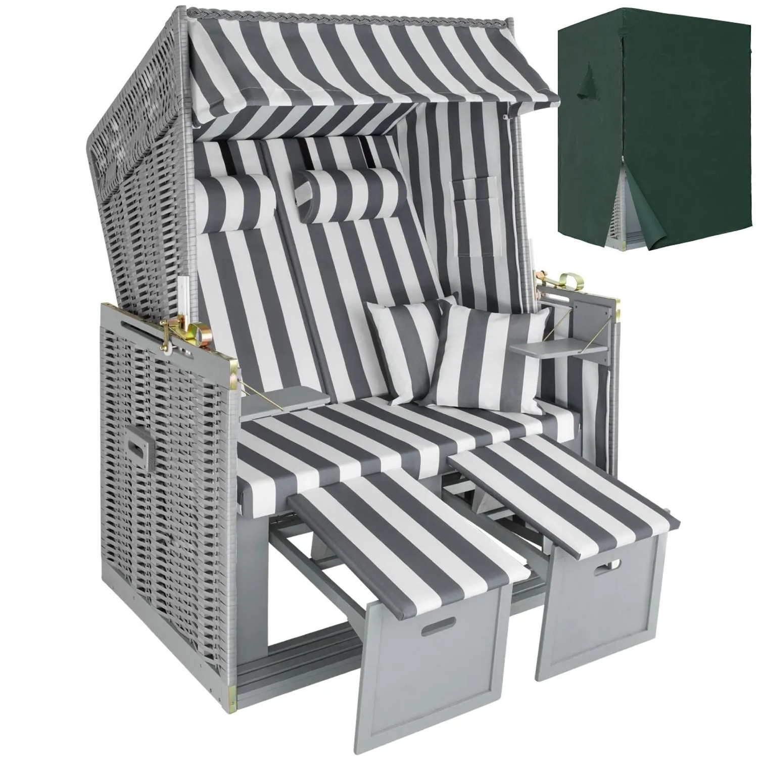 Tectake Strandkorb Sylt Gepolstert Mit Ausziehbaren Fußbänkchen Verstellbar Bis Zur Liegeposition  115 x 78 x 158 cm Grau Weiß