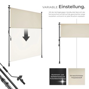 Beige Klemmmarkise von Tectake mit Handkurbel und verstellbarer Höhe.